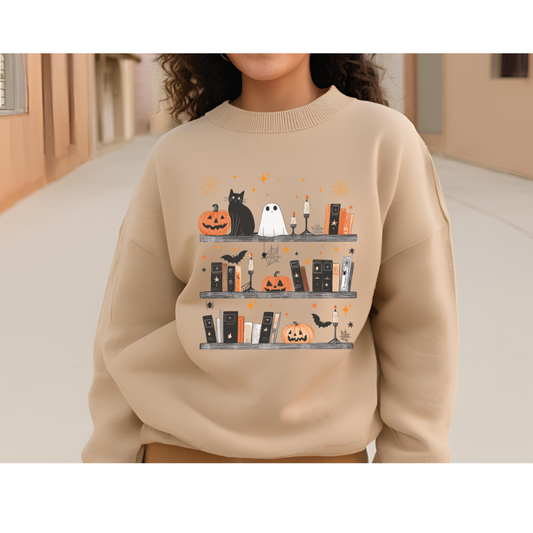 Halloween Bookshelves with Cats printed crewneck